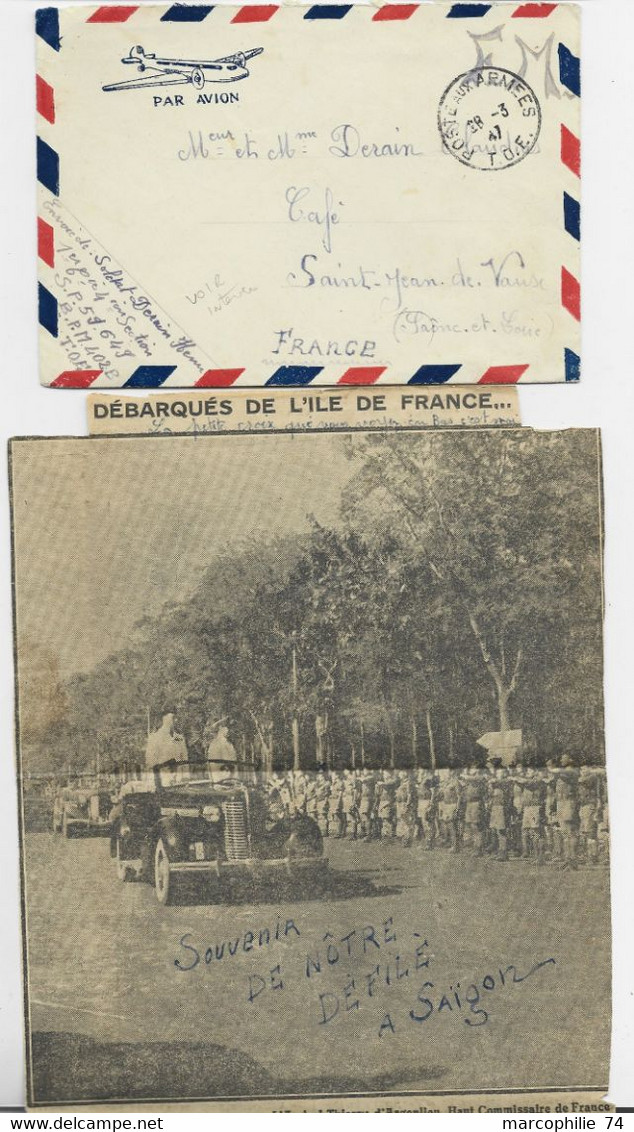 LETTRE COVER AVION FM POSTE AUX ARMEES T.O.E. 28.3.1947 + EXTRAIT JOURNAL  DEFILE SAIGON DEBARQUES ILE DE FRANCE - Guerra De Indochina/Vietnam