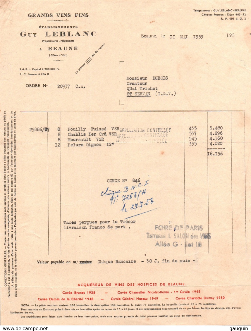 Facture - BEAUNE - Gds Vins Ets Guy LEBLANC - 1953 - Rechnungen