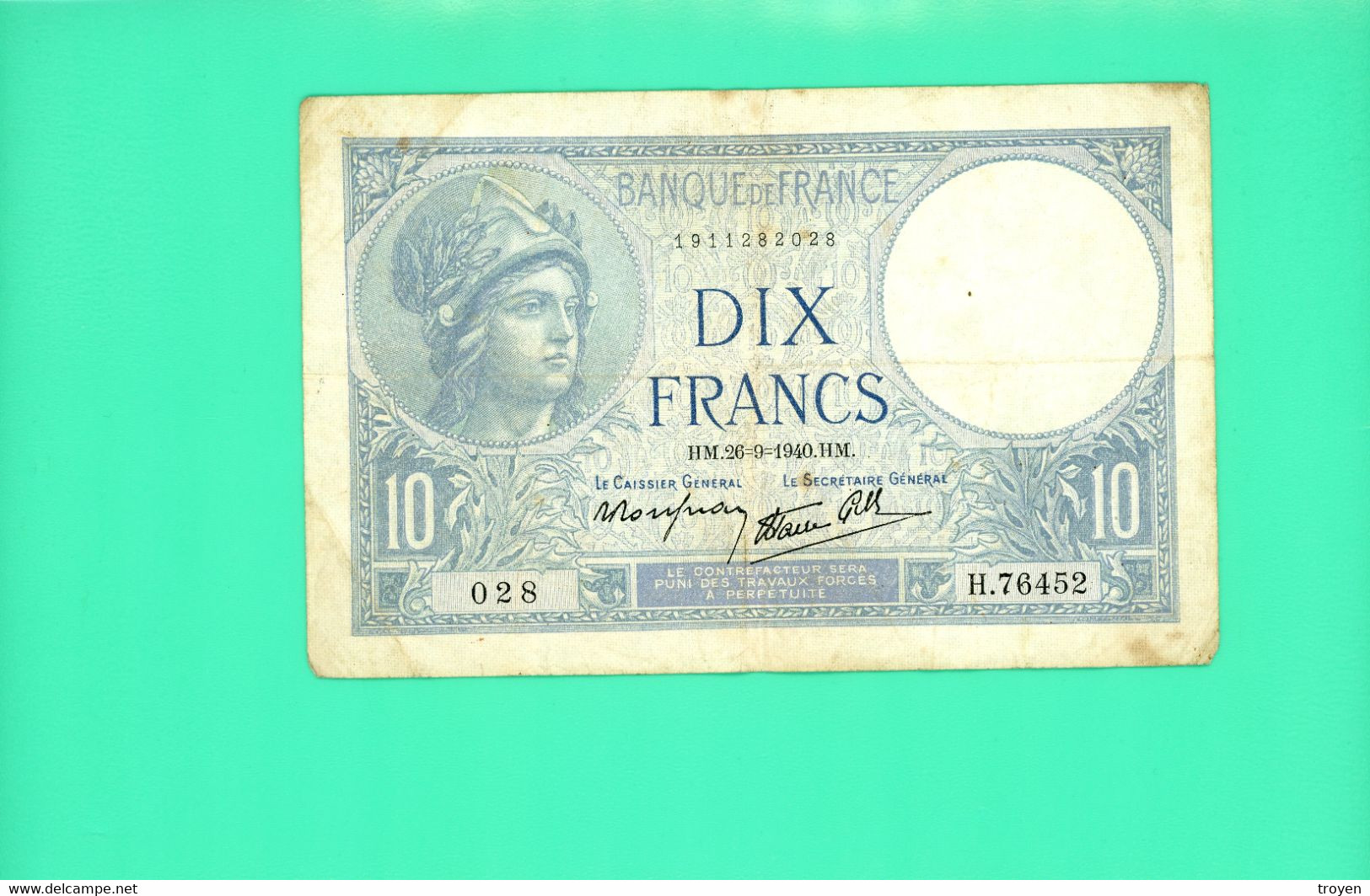 10 Francs Minerve - France - HM.26=9=1940.HM.  N° 028/H.76452 - TB + - - 10 F 1916-1942 ''Minerve''