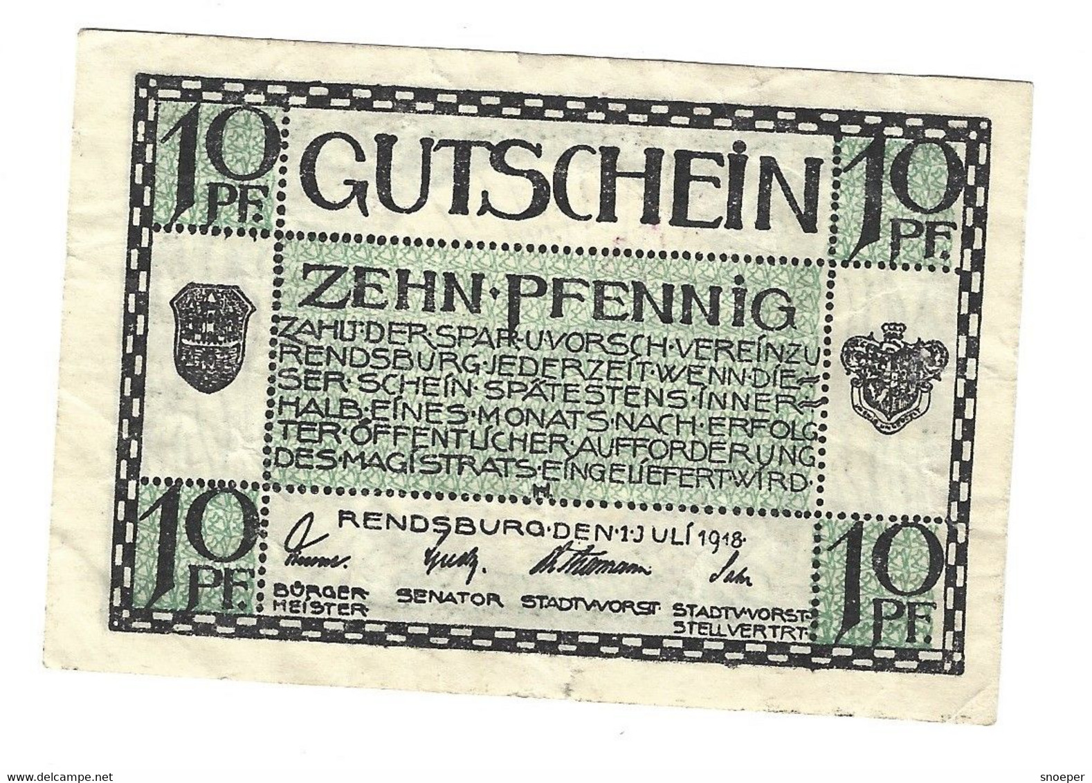 Notgeld Rendsburg 10 Pf        R26.3a - [11] Local Banknote Issues