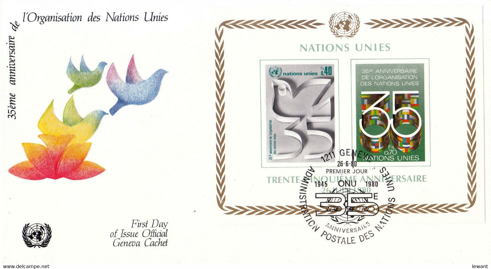 UN Geneva FDC 1980 35 Years UN Block - LW - Cartas & Documentos