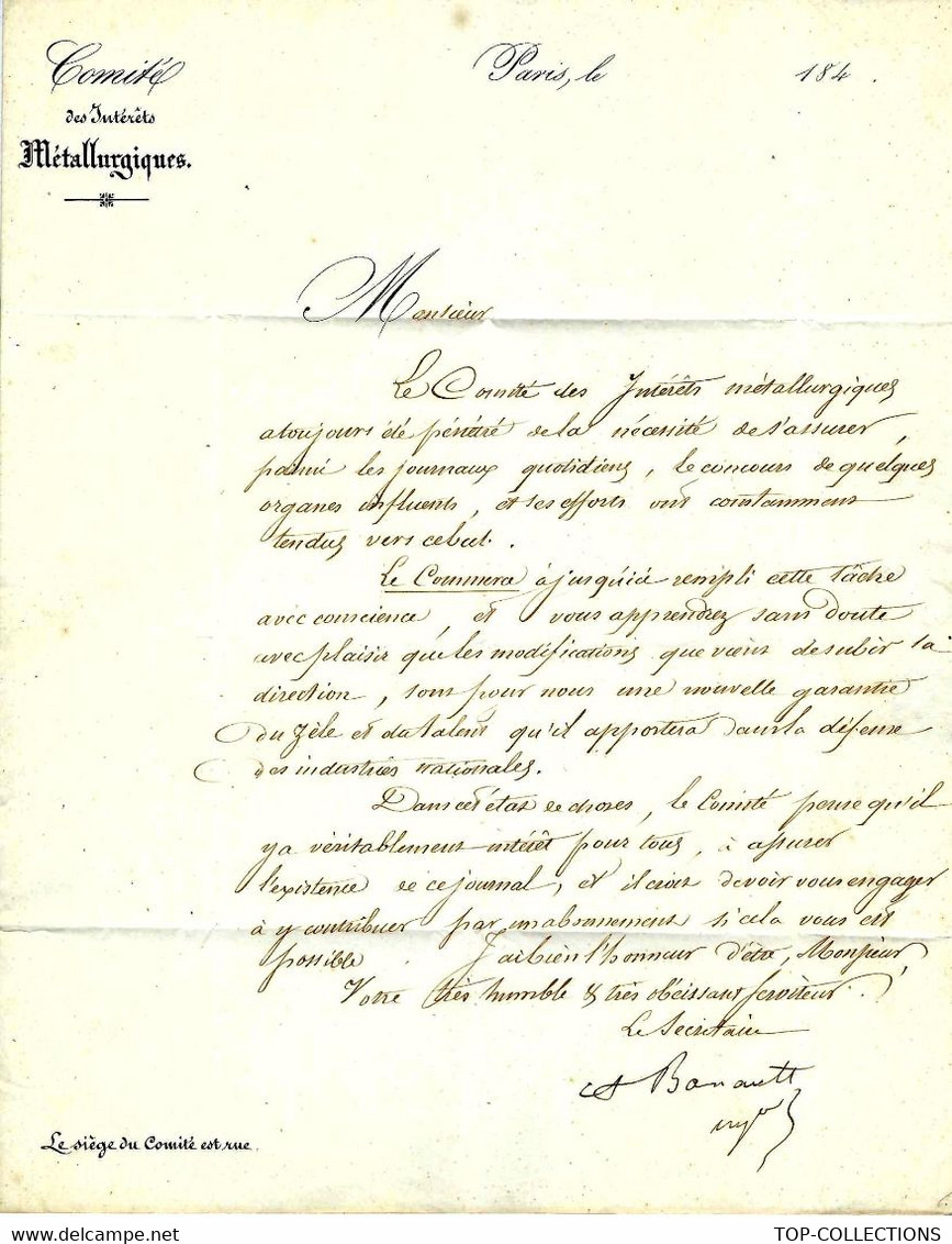 Paris 1846 SYNDICALISME  PATRONAT ENTENTE  DEFENSE MAITRES DE FORGES Entête COMITE DES INTERETS METALLURGIQUES - Documents Historiques