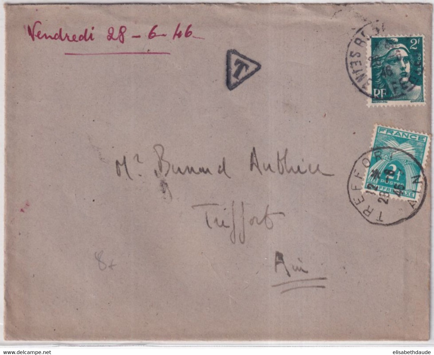 1946 - GANDON 2F SEUL SUR LETTRE TAXEE De ROUEN => TREFFORT (AIN) - 1945-54 Marianne De Gandon