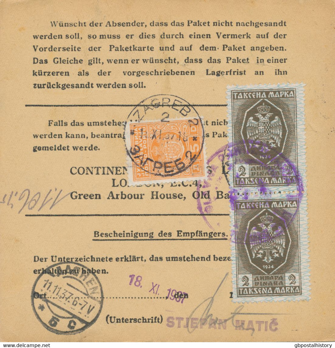 DEUTSCHES REICH / JUGOSLAWIEN / KROATIEN / GROSSBRITANNIEN YU 1937 Portomarke 5 Din Zusammen M 2 Seltene Stempelmarken - Lettres & Documents