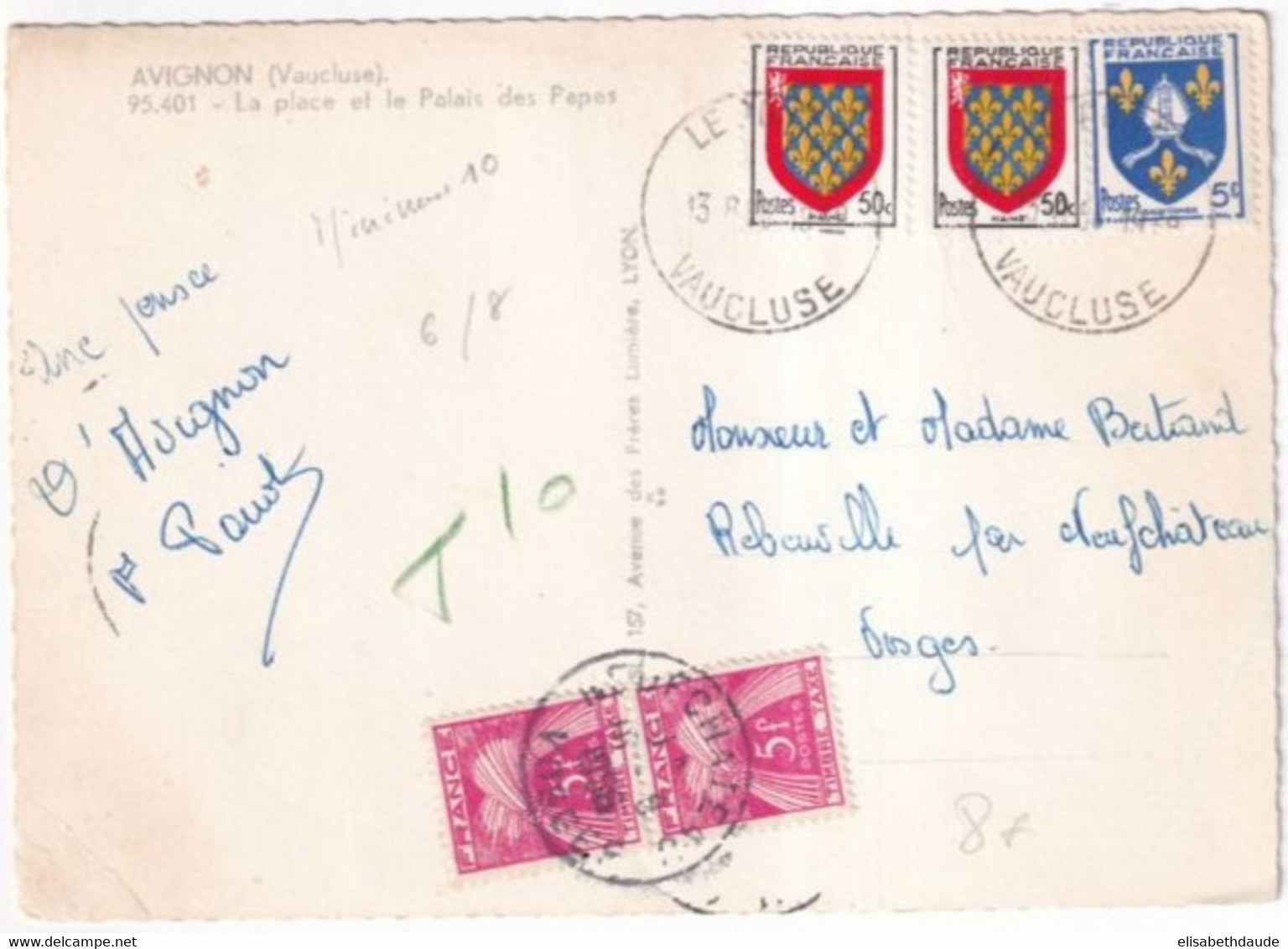 1956 - ARMOIRIES - CARTE TAXEE (GERBES) De AVIGNON => NEUFCHATEAU (VOSGES) - 1941-66 Armoiries Et Blasons