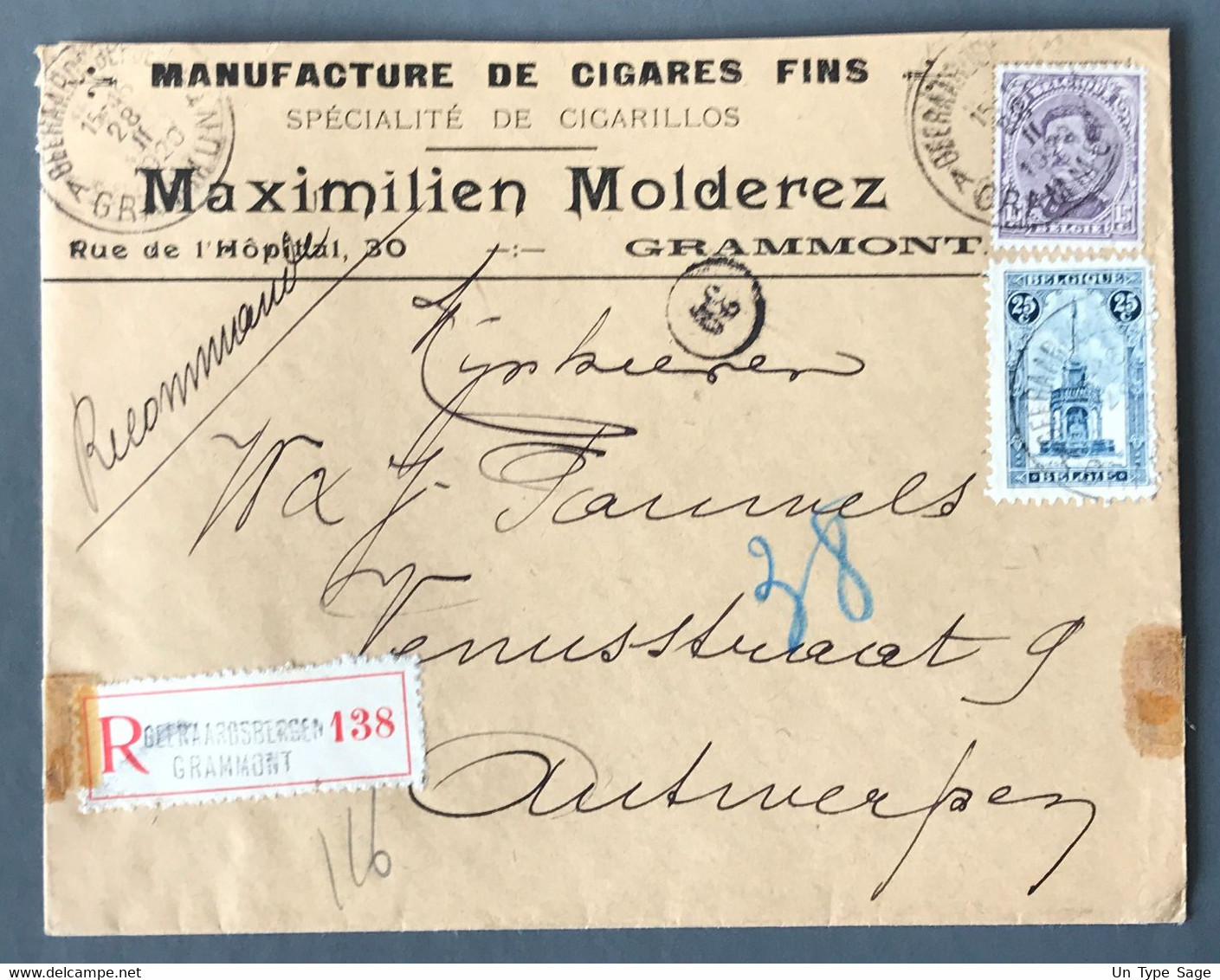 Belgique COB N°139 Et 164 Sur Enveloppe (recommandé) Cachet GEERAARDSBERGEN GRAMONT 28.II.1920 - (A1470) - Other & Unclassified