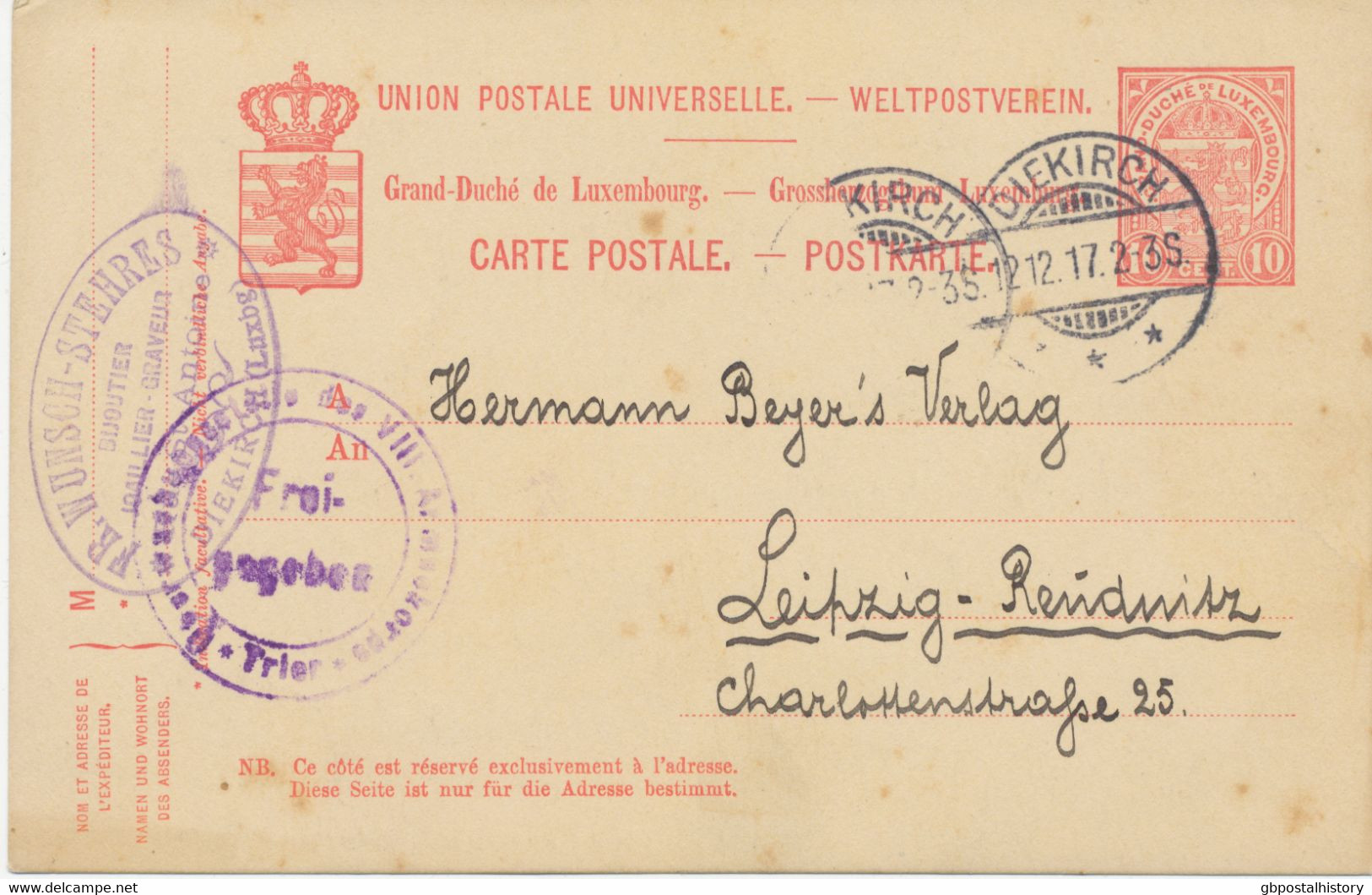 LUXEMBURG 1917, 10 C. Karmin Kab.-GA-Postkarte Mit Seltene K2 „DIEKIRCH“ Und Zensurstempel „Frei-gegeben / TRIER“ - 1907-24 Scudetto