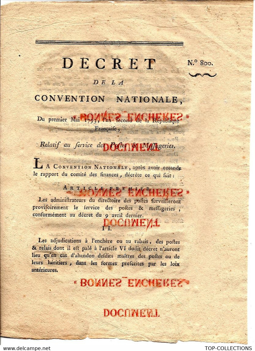 COURRIER ORGANISATION POSTALE 1793 DECRET RELATIF AU SERVICE DES POSTES ET MESSAGERIES BE 4 PAGES  VOIR SCANS - Gesetze & Erlasse