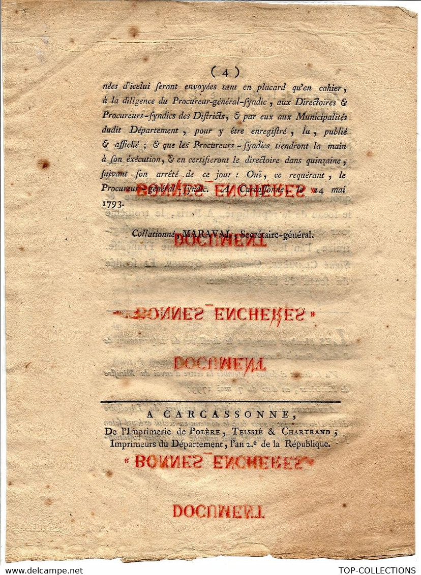 COURRIER ORGANISATION POSTALE 1793 DECRET RELATIF AU SERVICE DES POSTES ET MESSAGERIES BE 4 PAGES  VOIR SCANS - Décrets & Lois