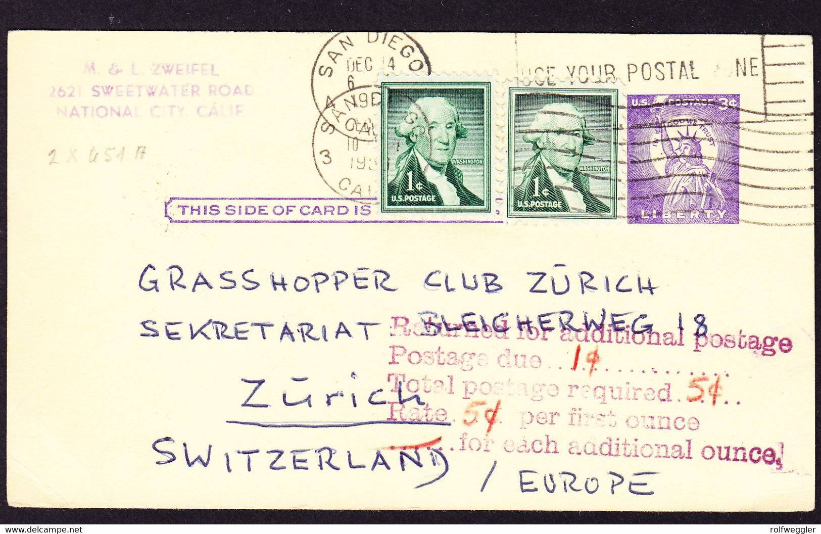 1939 3c GZ Karte Mit Zusatzfrankatur Aus San Diego An GC Club Zürich. Stempel Returned For Additional Postage - 1921-40