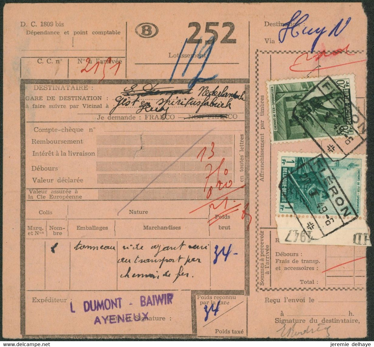 Chemin De Fer Sur Bordereau D'expédition Soit 21F Obl Chemin De Fer Fléron (Ayeneux) > Huy - Altri & Non Classificati