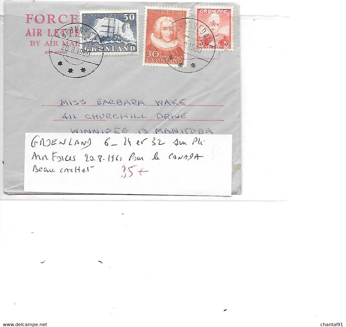 GROELAND N° 6.24.32 SUR PLI AIR FORCES POUR LE CANADA 20.8.32 - Lettres & Documents