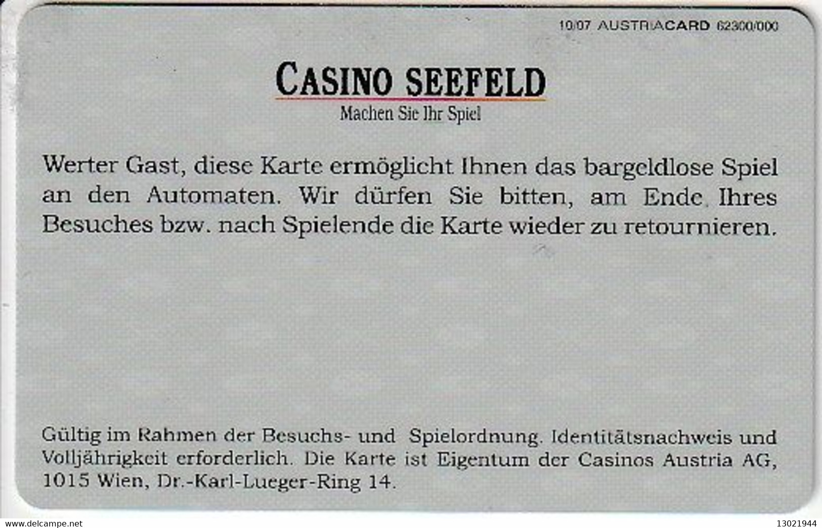 AUSTRIA  KEY CASINO Spiel Card - Seefeld - Tarjetas De Casino