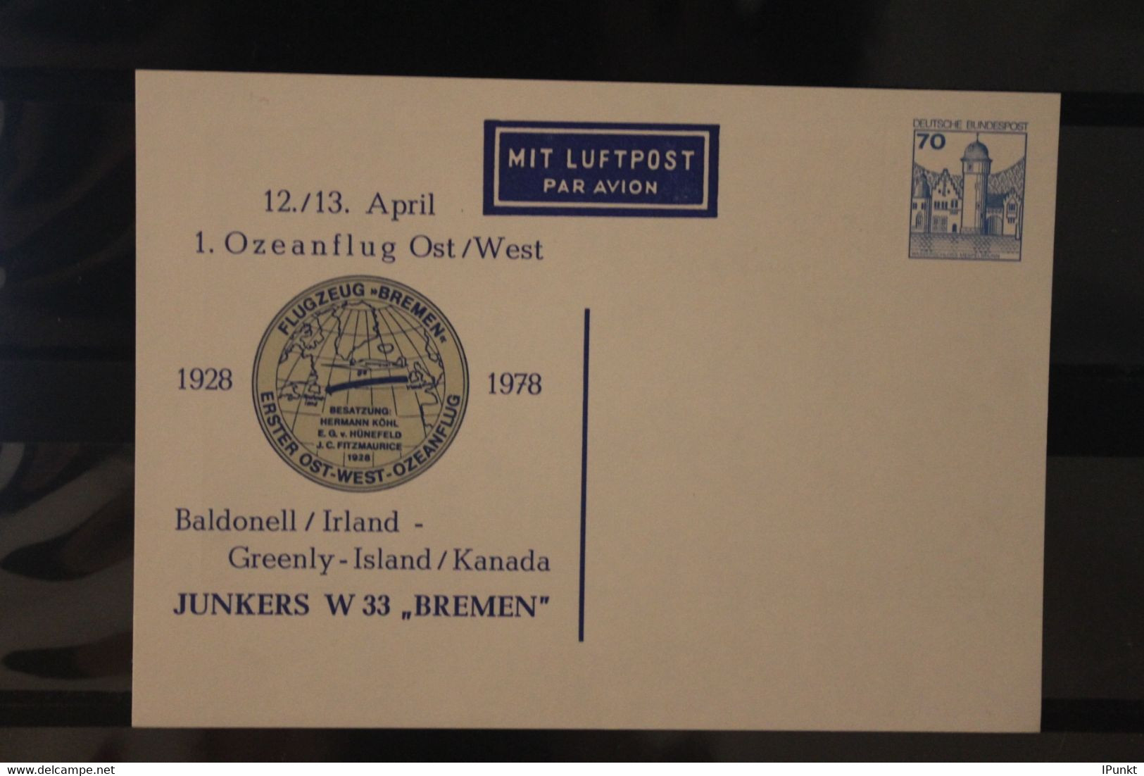 Deutschland, Ganzsache 1. Ozeanflug Junkers W 33 "Bremen", Wertstempel BuS 70 Pf. - Private Postcards - Mint