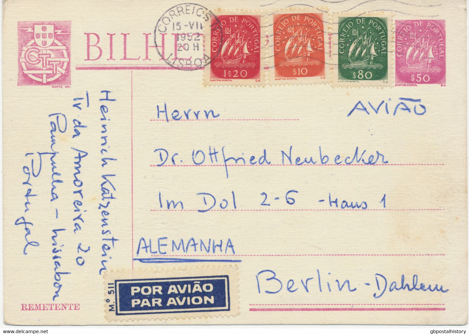 PORTUGAL 1952, Karavelle Kab.-GA-Postkarte 50 C Mit Dto Zusatzfrankatur 10 C, 80 C (ABART: Stecherzeichen „MARTINS“ Nur - Briefe U. Dokumente