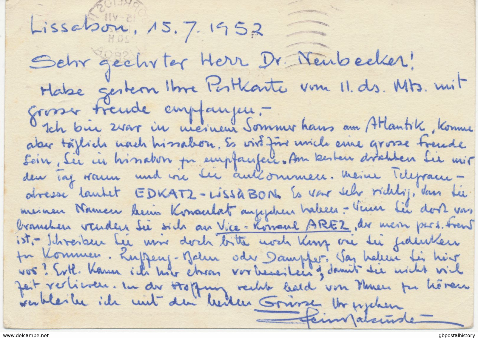 PORTUGAL 1952, Karavelle Kab.-GA-Postkarte 50 C Mit Dto Zusatzfrankatur 10 C, 80 C (ABART: Stecherzeichen „MARTINS“ Nur - Lettres & Documents