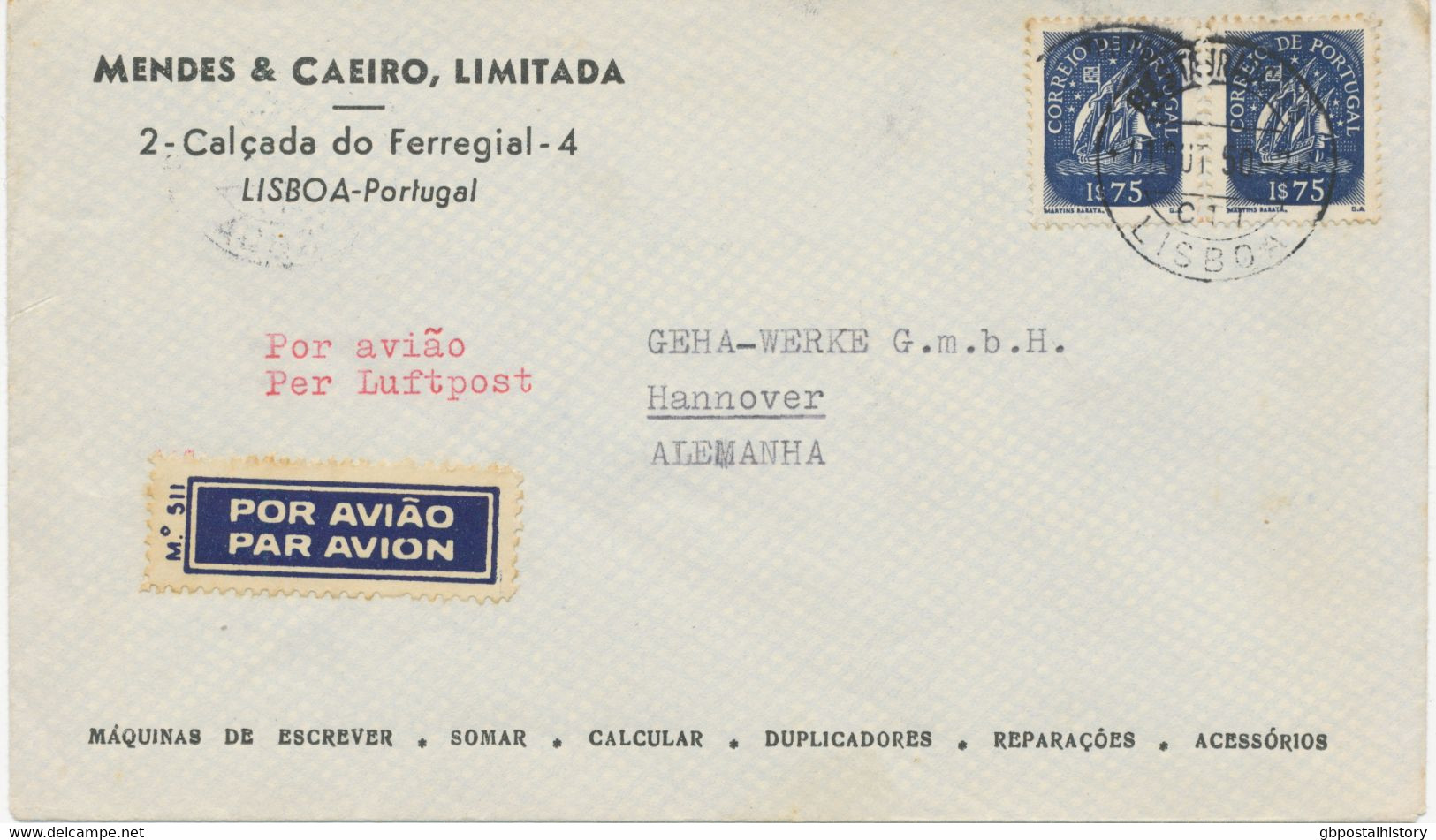PORTUGAL 1950, Karavelle 1.75 E (2) MeF Auf Frühe Nachkriegs-Flugpost Nach HANNOVER - Lettres & Documents