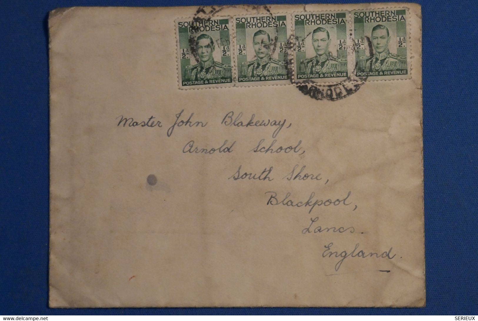 AK10 SOUTHERN RODHESIA BELLE LETTRE 1935 SALYSBURY POUR BLACKPOOL ENGLAND++++BANDE DE 4 TP ++AFFRANCH. INTERESSANT - - Southern Rhodesia (...-1964)