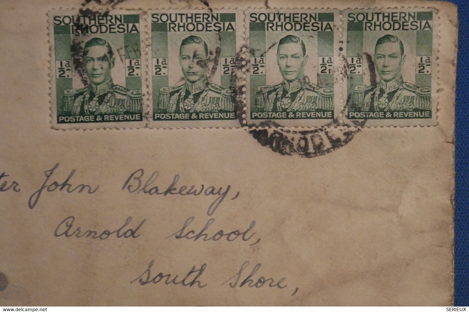 AK10 SOUTHERN RODHESIA BELLE LETTRE 1935 SALYSBURY POUR BLACKPOOL ENGLAND++++BANDE DE 4 TP ++AFFRANCH. INTERESSANT - - Southern Rhodesia (...-1964)