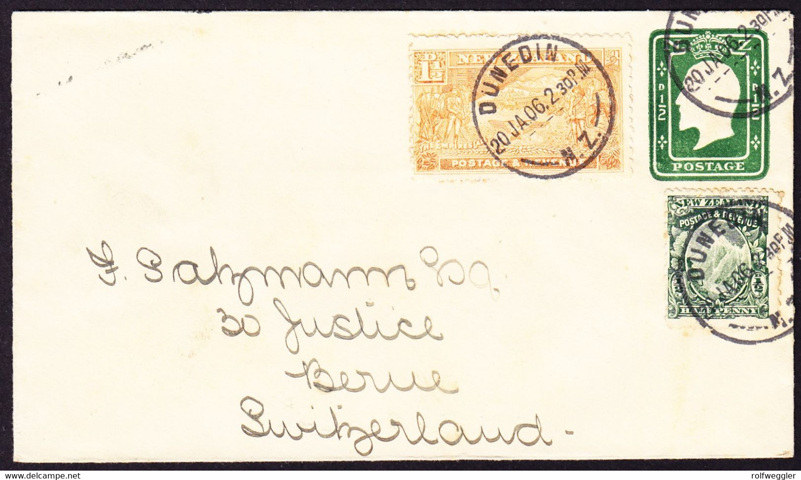 1906 Ganzsachen Brief Mit Zusatzfrankatur Aus Dunedin Nach Bern. Minim Fleckig. Ankunftsstempel Rückseitig. - Lettres & Documents