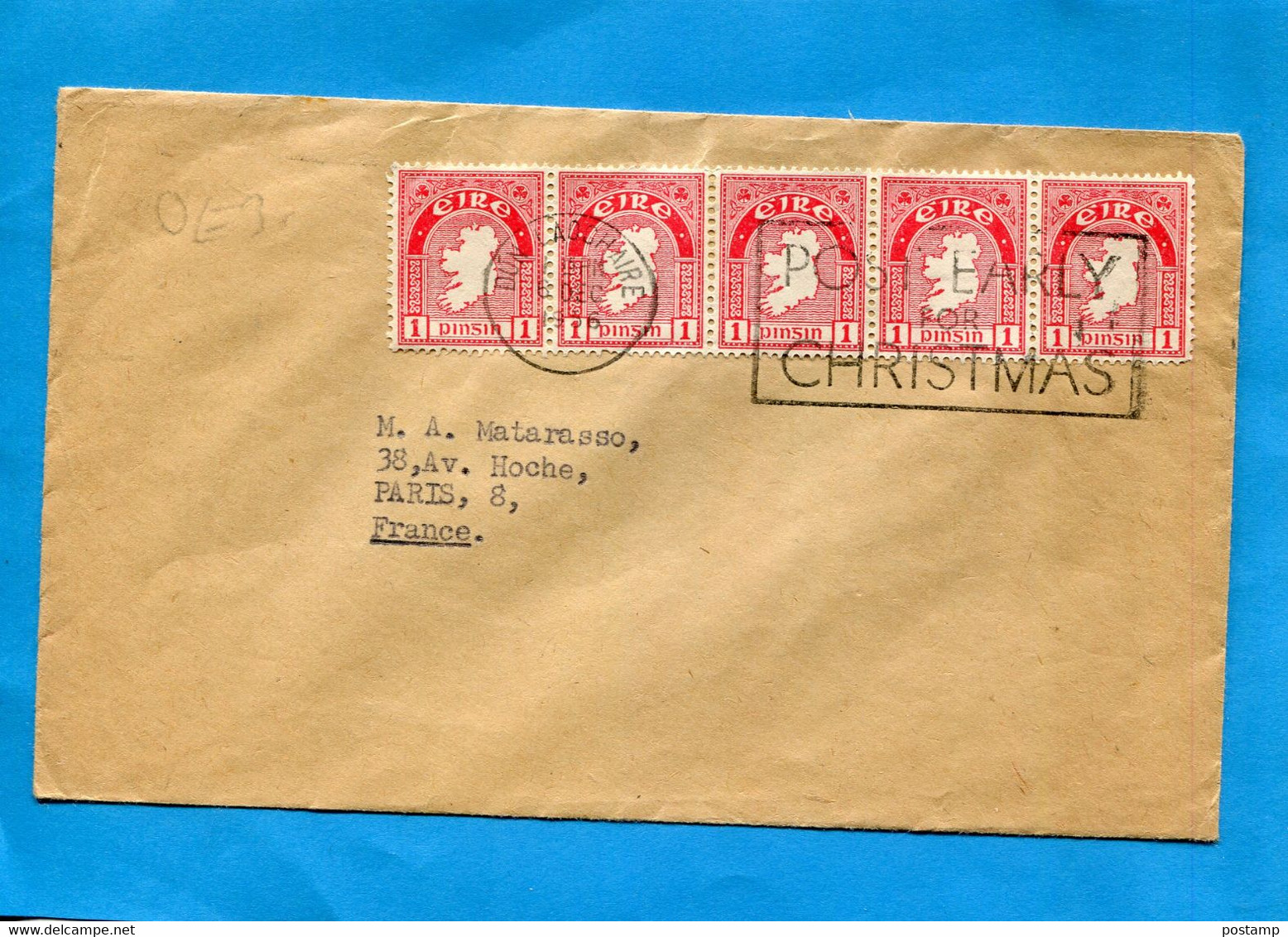 Marcophilie-IRLANDE -Lettre Cad 1956 DUN LAOGHAIRE-flamme Post Early Forchrisrmas 5-stamps - Lettres & Documents