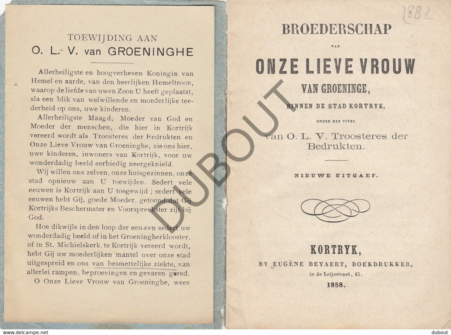 KORTRIJK - Broederschap OLV Van Groeninge, Sint Michielskerk, Druk E. Beyaert - 1858  (W127) - Antiquariat