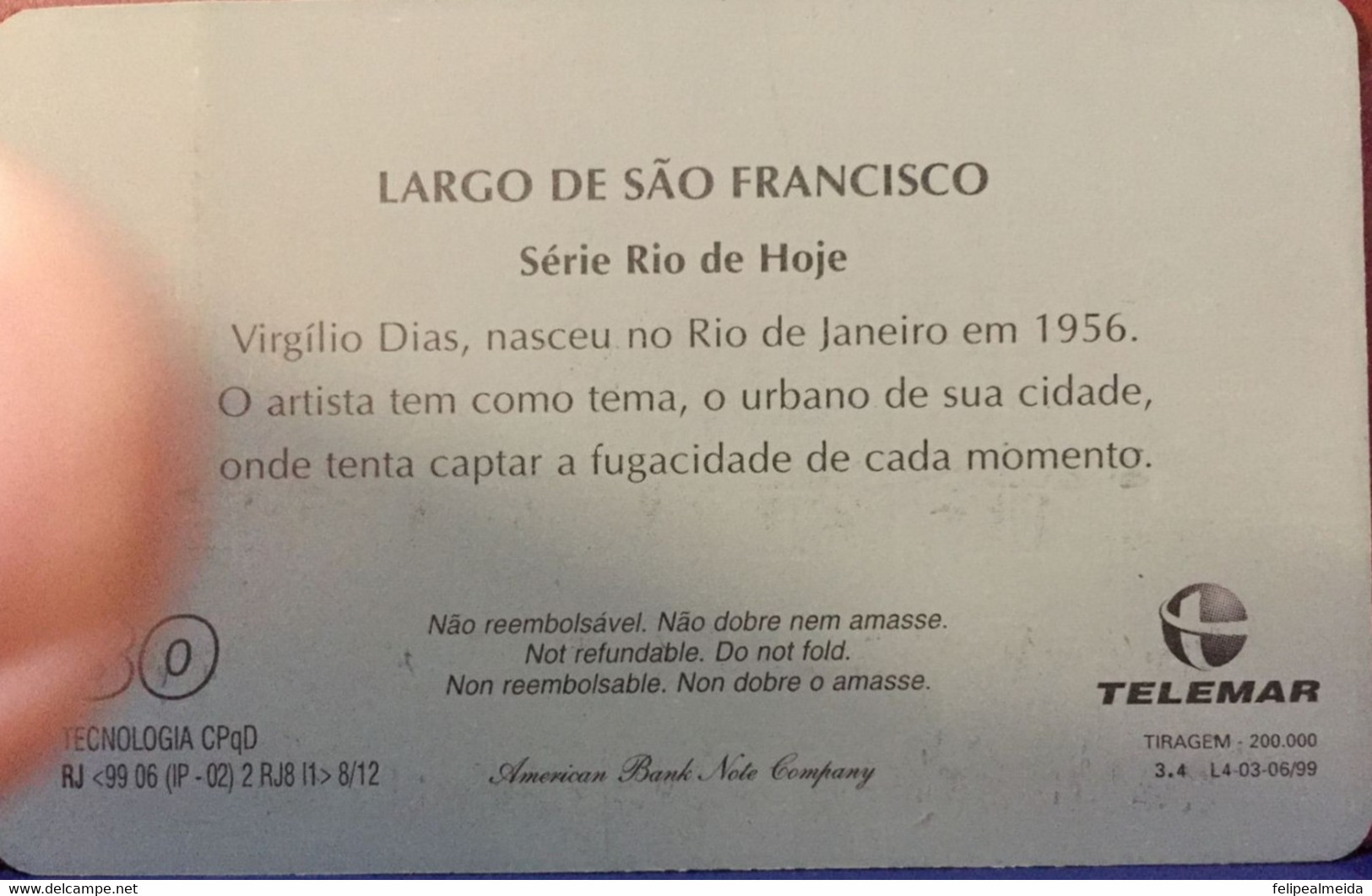 Phone Card Manufactured By Telemar In 1999 - Series Rio De Hoje - Painter Virgílio Dias - Peinture