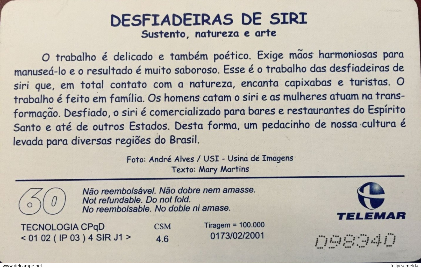 Phone Card Manufactured By Telemar In 2001 - Desfiadeiras De Siri - Sustenance, Nature And Art - Food