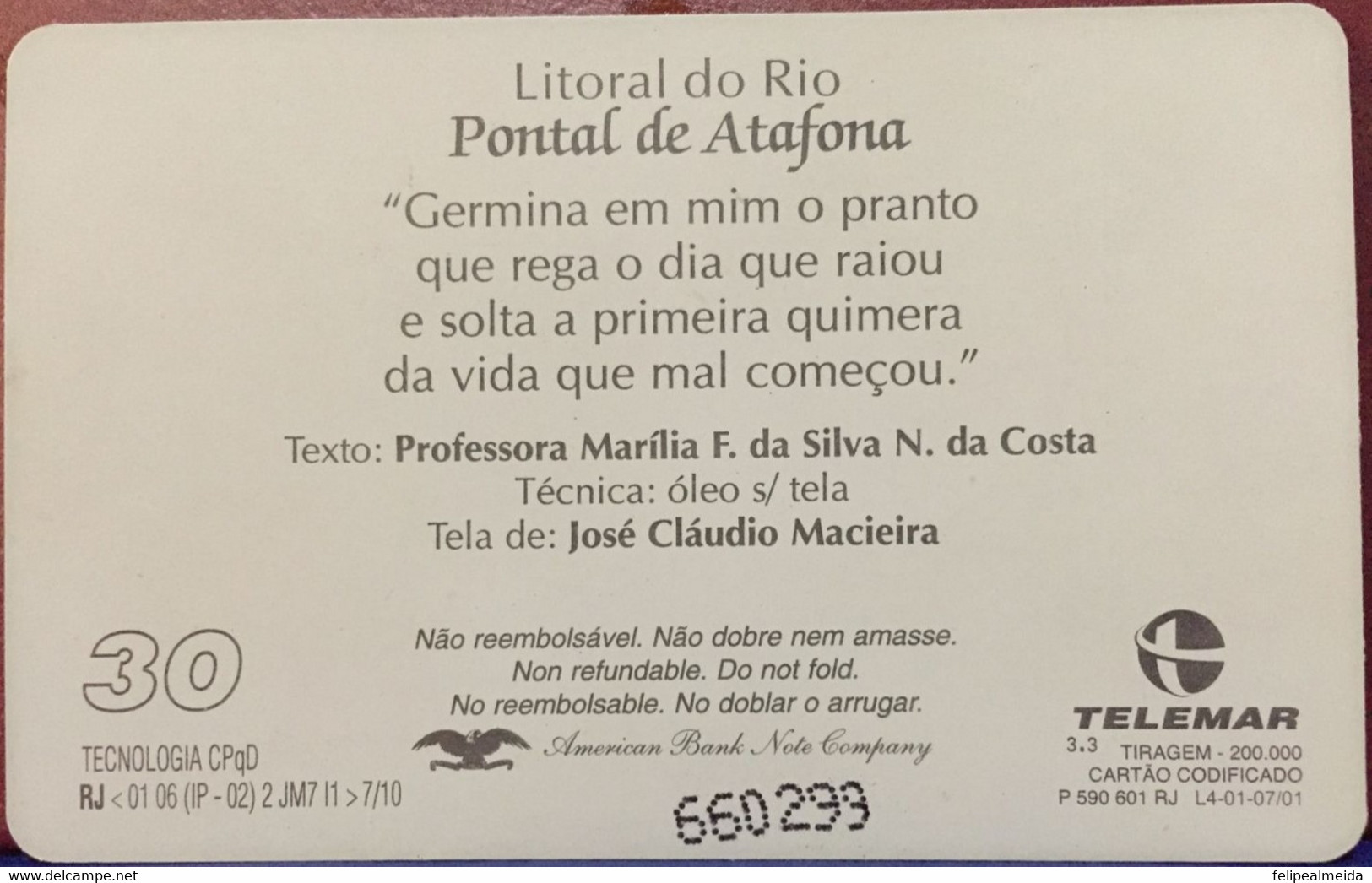 Phone Card Manufactured By Telemar In 2001 - Series Litoral Do Rio - PAINTING Pontal Da Atafona - Painter José Cláudio M - Schilderijen