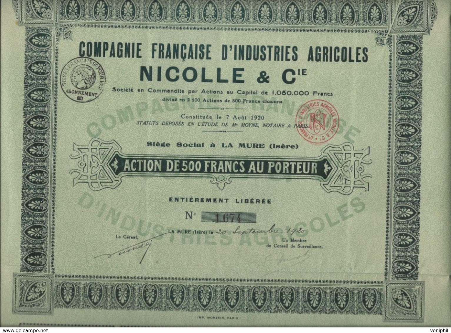 COMPAGNIE FRANCAISE D'INDUSTRIES AGRICOLES NICOLLE ET CIE - DIVISE EN 2500 ACTIONS DE 500 FRS-ANNEE 1920 - Agricoltura