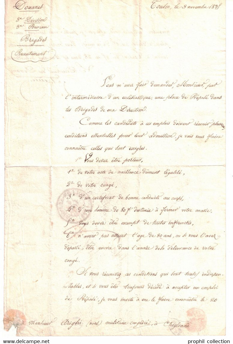 LETTRE LAC Du DIRECTEUR DES DOUANES CAD 1835 De TOULON SUR MER (VAR) Pour CHIGLIANI Par AJACCIO CORSE + DECIME RURAL - 1801-1848: Precursors XIX