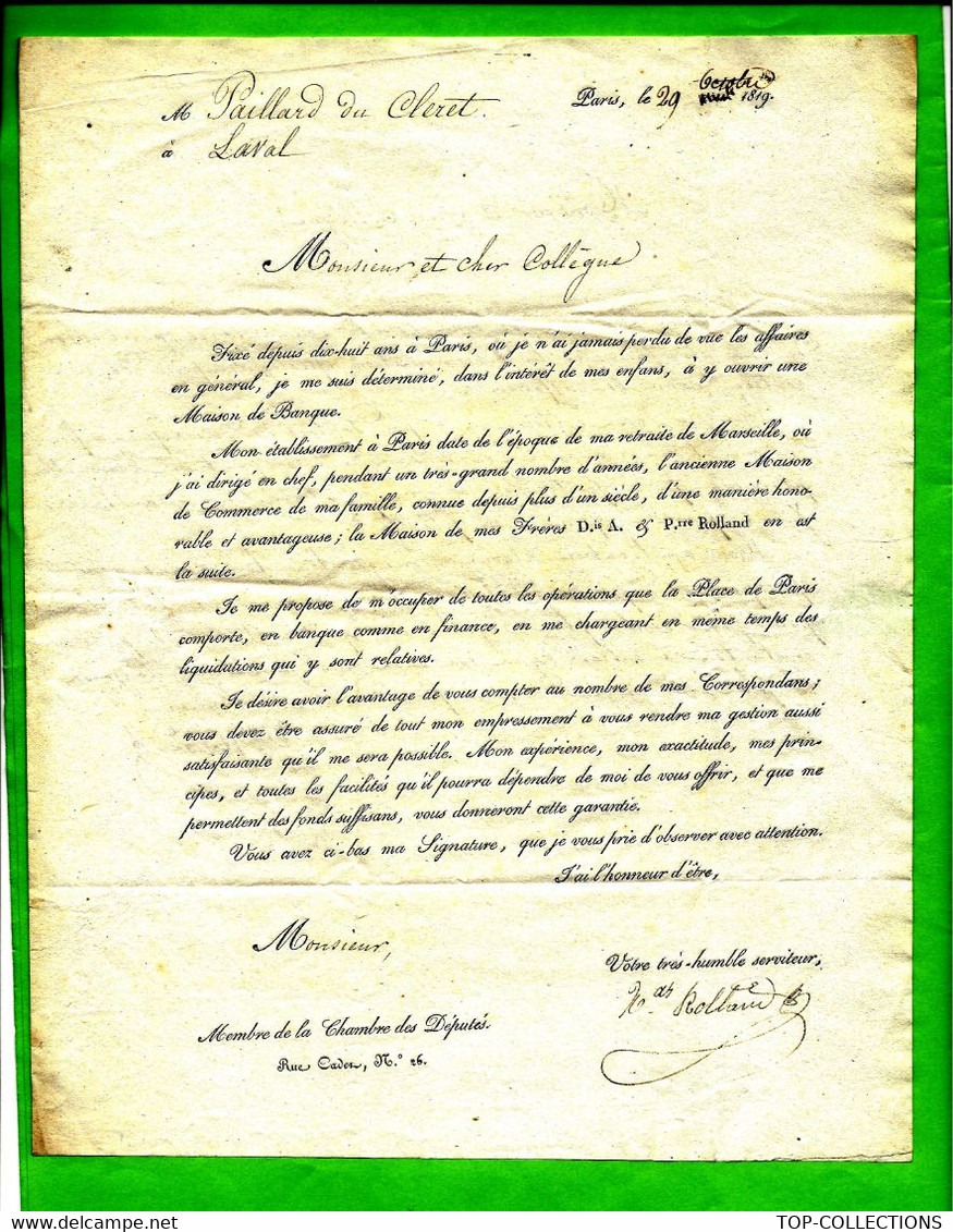 RARE LETTRE PRE IMPRIMEE 1819 ENTRE DEPUTES CREATION D UNE MAISON DE BANQUE A PARIS NICOLAS ROLLAND =>PAILLARD DUCLERE - Otros & Sin Clasificación