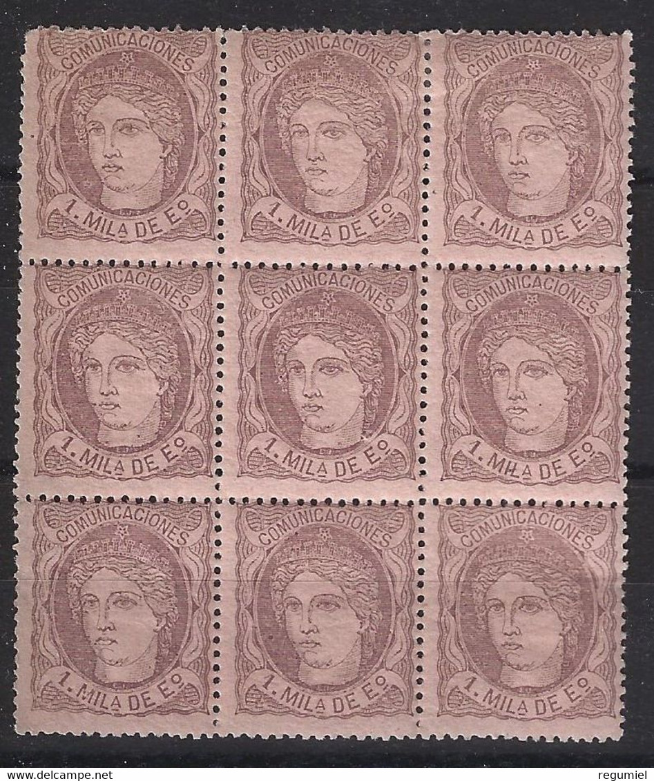 España 0102 ** Alegoria. 1870. Bloque De 9. Charnela En Dos Sellos - Unused Stamps