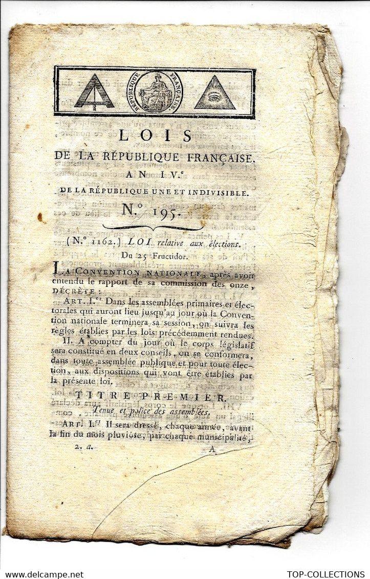 1796 LOI DE LA REPUBLIQUE FRANCAISE AN IV  N° 195 16 PAGES PARIS IMPRIMERIE DE LA REPUBLIQUE à Paris Avec 2 Signatures - Gesetze & Erlasse