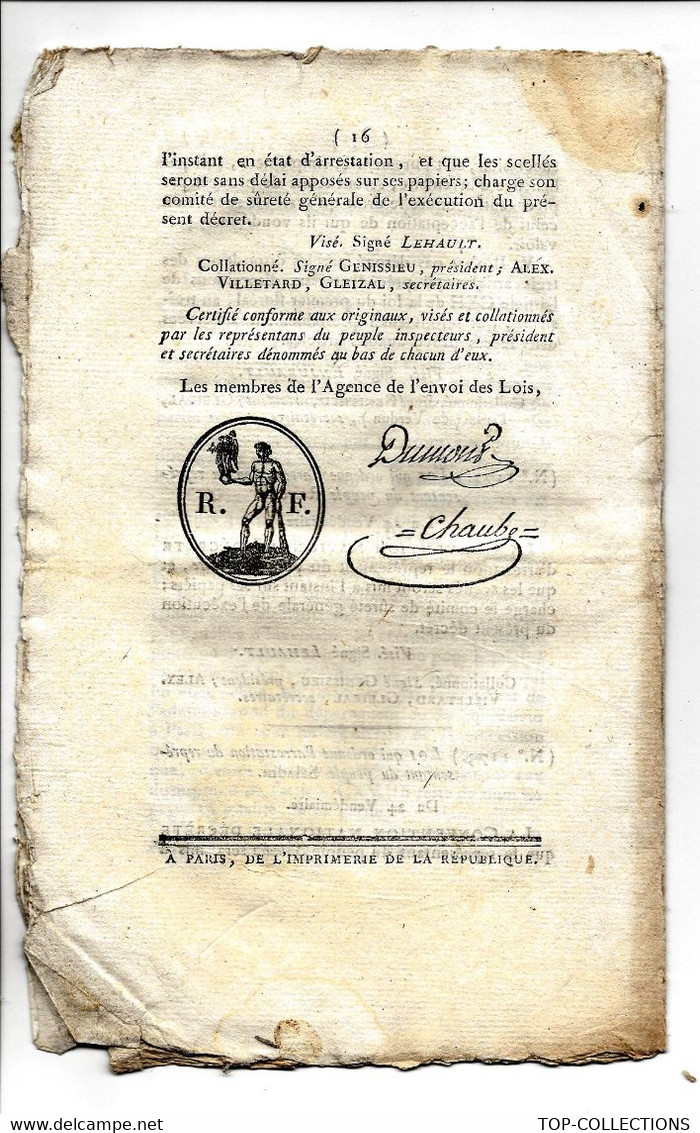 1796 LOI DE LA REPUBLIQUE FRANCAISE AN IV  N° 195 16 PAGES PARIS IMPRIMERIE DE LA REPUBLIQUE à Paris Avec 2 Signatures - Decrees & Laws