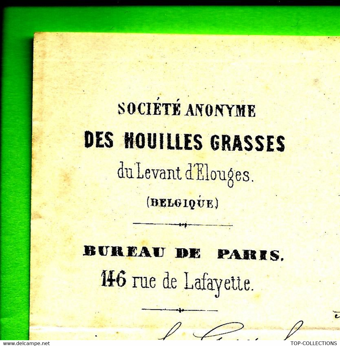 1865 S.A. DES HOUILLES GRASSES DU LEVANT D 'ELOUGES BELGIQUE BUREAU PARIS à MM PAILLARD DUCLERE  Forges De Port Brillet - 1800 – 1899