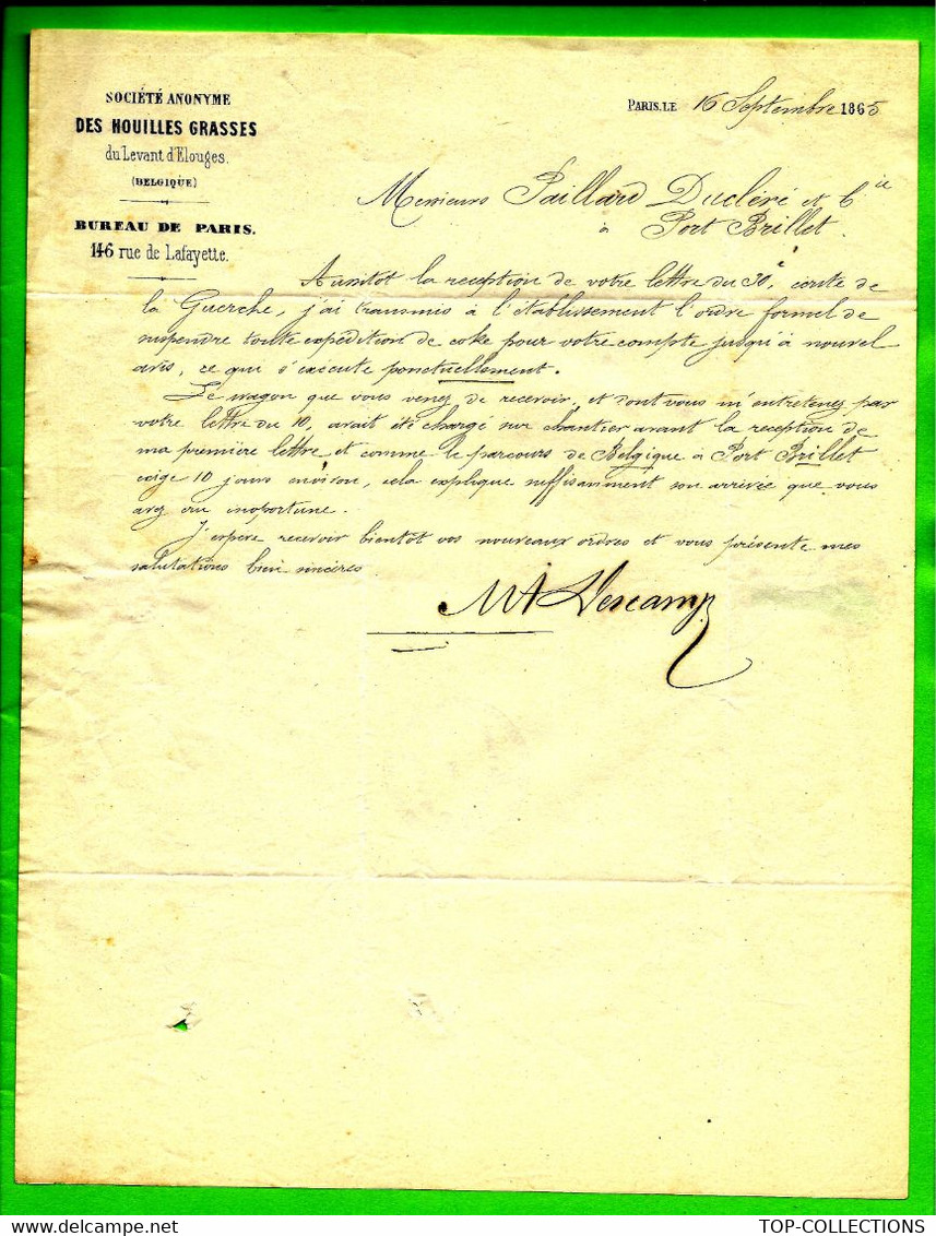 1865 S.A. DES HOUILLES GRASSES DU LEVANT D 'ELOUGES BELGIQUE BUREAU PARIS à MM PAILLARD DUCLERE  Forges De Port Brillet - 1800 – 1899