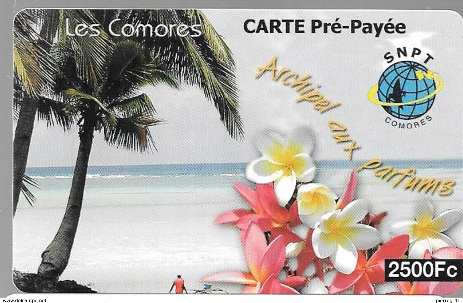 CARTE-PREPAYEE-2500Fc-SNPT Mobile/COMORES-Fleurs-Plage-Plastic Epais Glacé-Gratté-TBE-RARE - Comoros