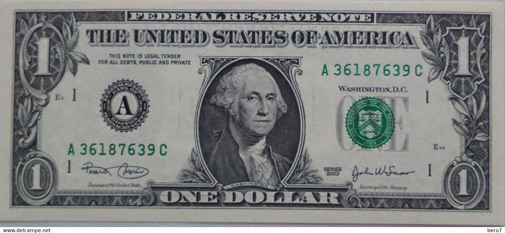 USA - United States Of America - 1 Dollar Bill  2003 "A" BOSTON UNC - Billets De La Federal Reserve (1928-...)