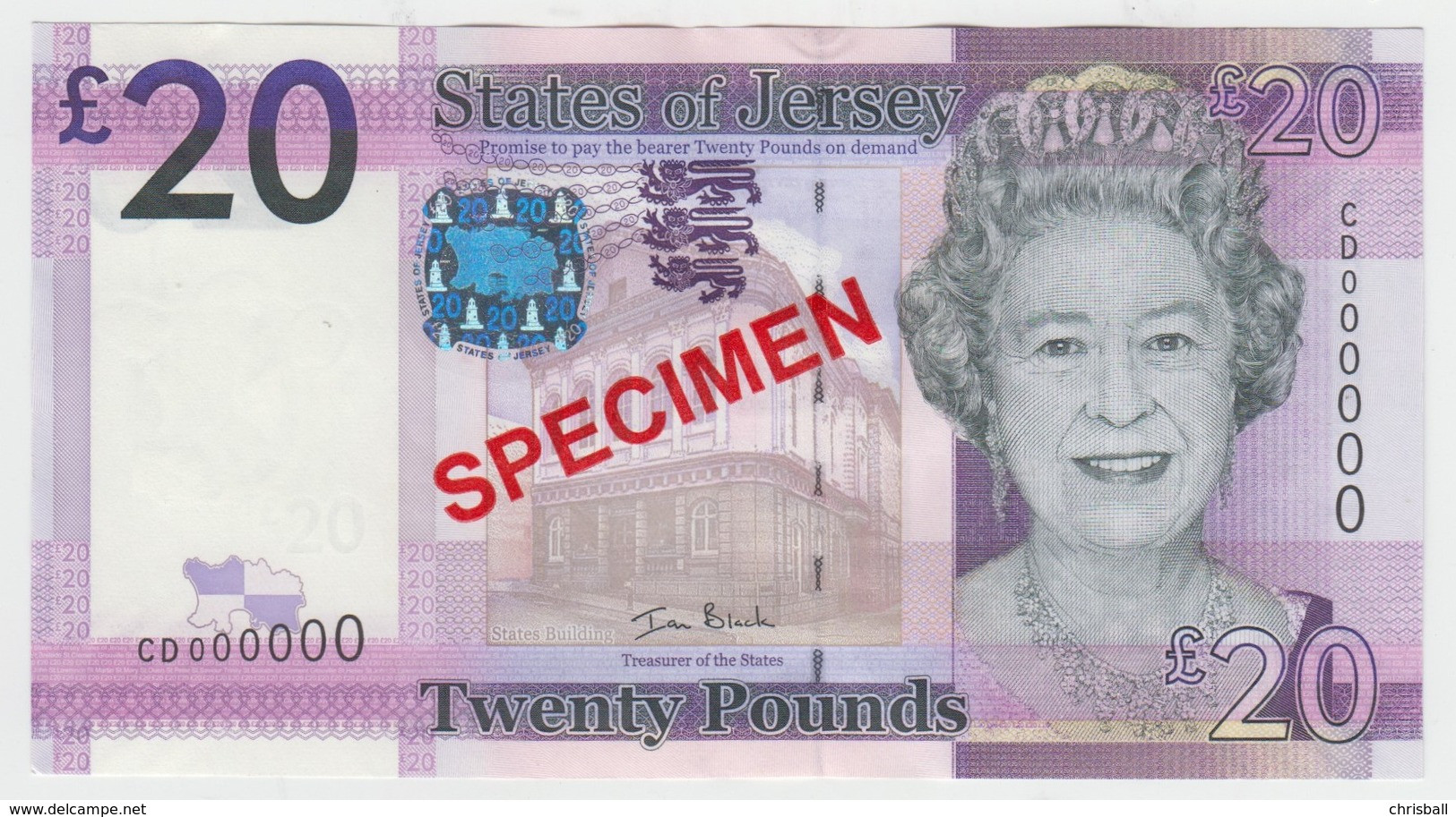 Jersey Banknote Twenty Pound D Series, Specimen Overprint, Code CD - Superb UNC Condition - Jersey