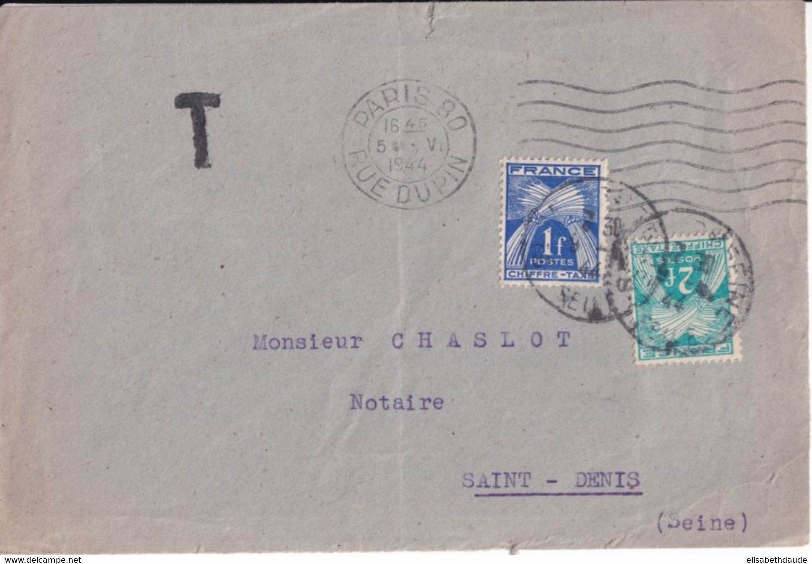 1944 - ENVELOPPE TAXEE 3F (TARIF LETTRE SIMPLE 1F50) De PARIS => SAINT-DENIS - 1859-1959 Brieven & Documenten