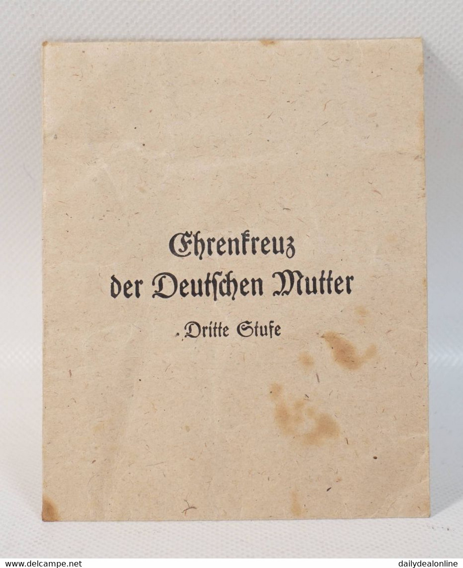 Original Verleihungstüte Ehrenkreuz Der Deutschen Mutter Dritte Stufe Verleihtüte Drittes Reich Wehrmacht 2. WK WW2 - Germany