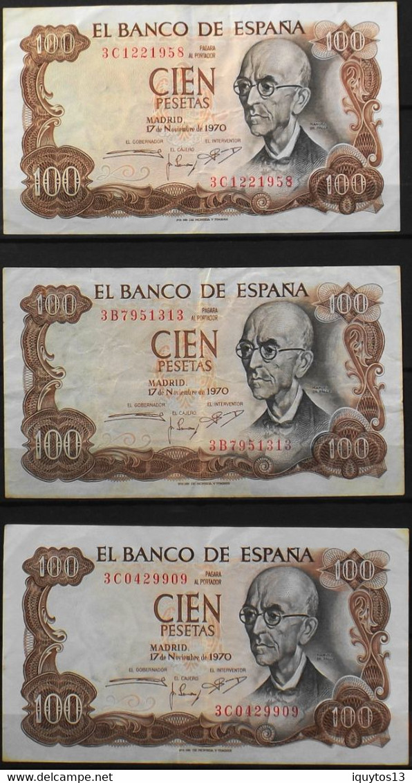 ESPAGNE 3 BILLETS De BANQUE De 100 Pesetas Année 1970 - Bon état - 100 Peseten