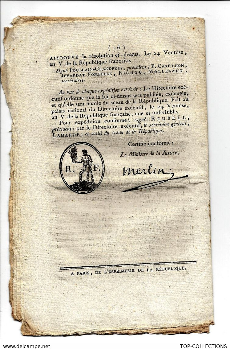 1797  LOI DE LA REPUBLIQUE FRANCAISE Avec Sign. M. DE LA JUSTICE « Merlin » AN IV N° 112 16 PAGES Imprimé à  PARIS - Decrees & Laws