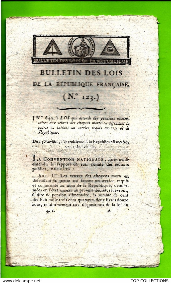 1795 LOI DE LA REPUBLIQUE FRANCAISE 2 Sign. « DUMONT » ET « CHAUBE » SYMBOLE Maçonnique  PARIS Imprimé à Paris Origina - Decretos & Leyes