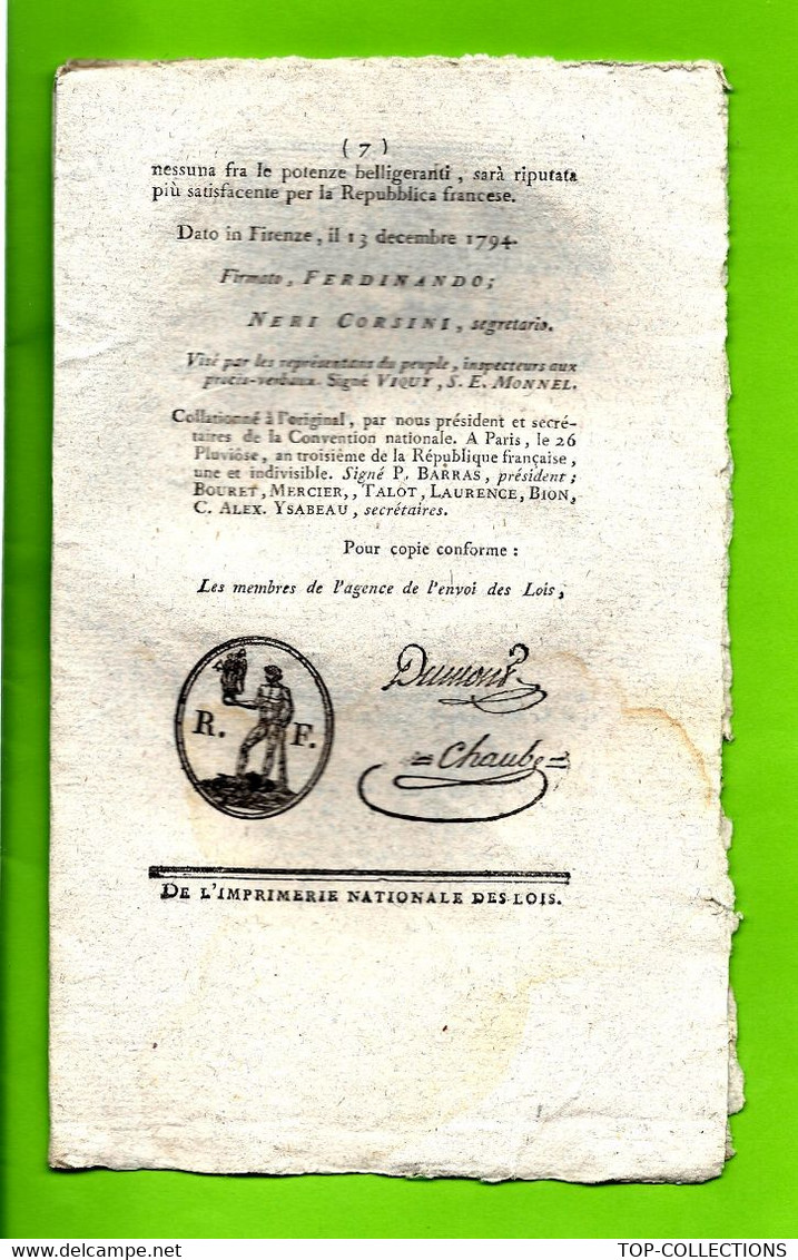 1795 LOI DE LA REPUBLIQUE FRANCAISE 2 Sign. « DUMONT » ET « CHAUBE » SYMBOLE Maçonnique  PARIS Imprimé à Paris Origina - Wetten & Decreten