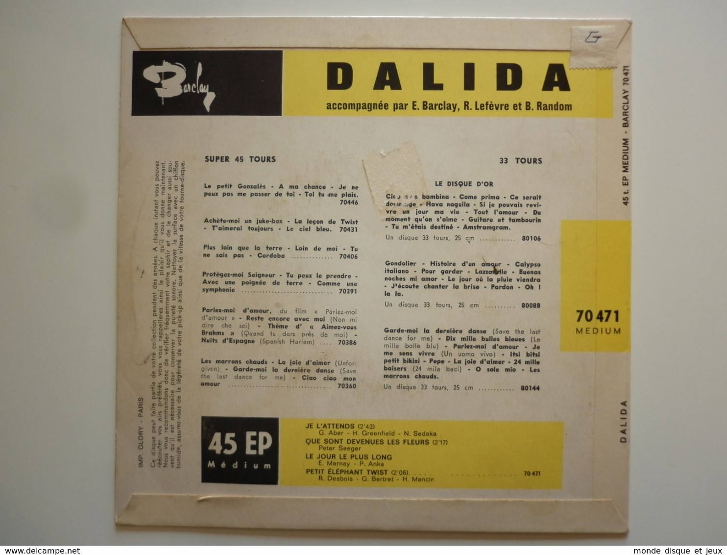 Dalida 45Tours EP Vinyle Je L'attends - 45 T - Maxi-Single