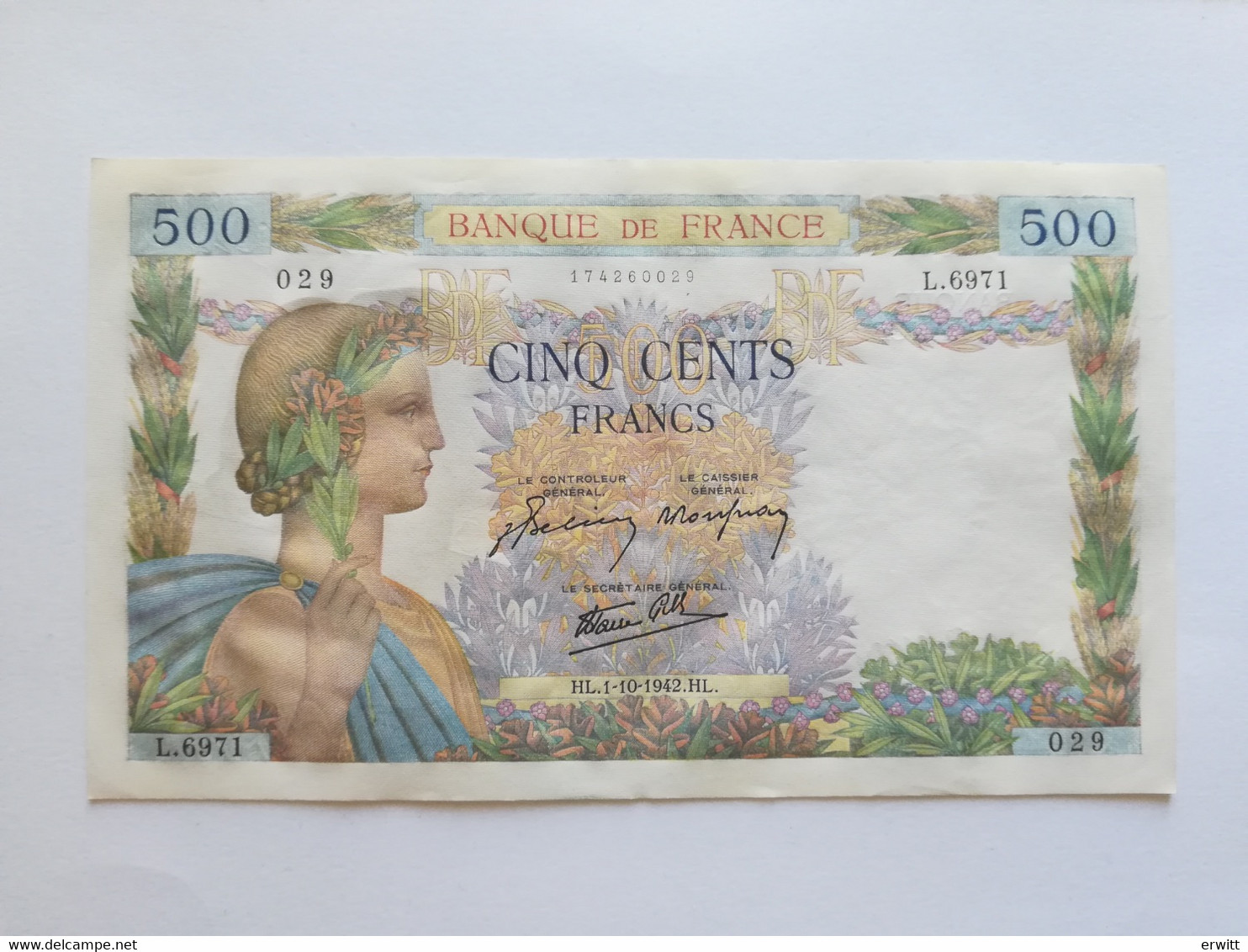 FRANCIA 500 FRANCS 1942  NO PINHOLES - 500 F 1940-1944 ''La Paix''