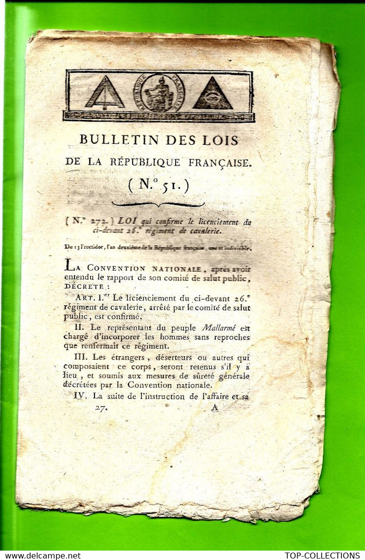 1794 LOI DE LA REPUBLIQUE FRANCAISE PARIS Avec 2 Sign. Symbole Maçonnique Imprimerie Paris - Decretos & Leyes