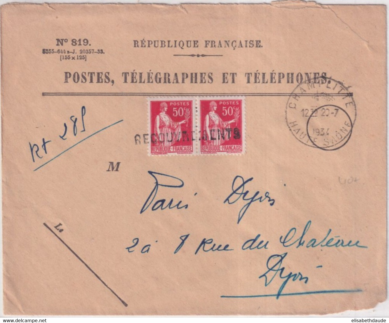 1934 - PAIX UTILISE COMME TIMBRE-TAXE ANNULATION LINEAIRE ! ENV. RECOMMANDEE RECOUVREMENTS De CHAMPLITTE (HAUTE SAONE) - 1932-39 Frieden